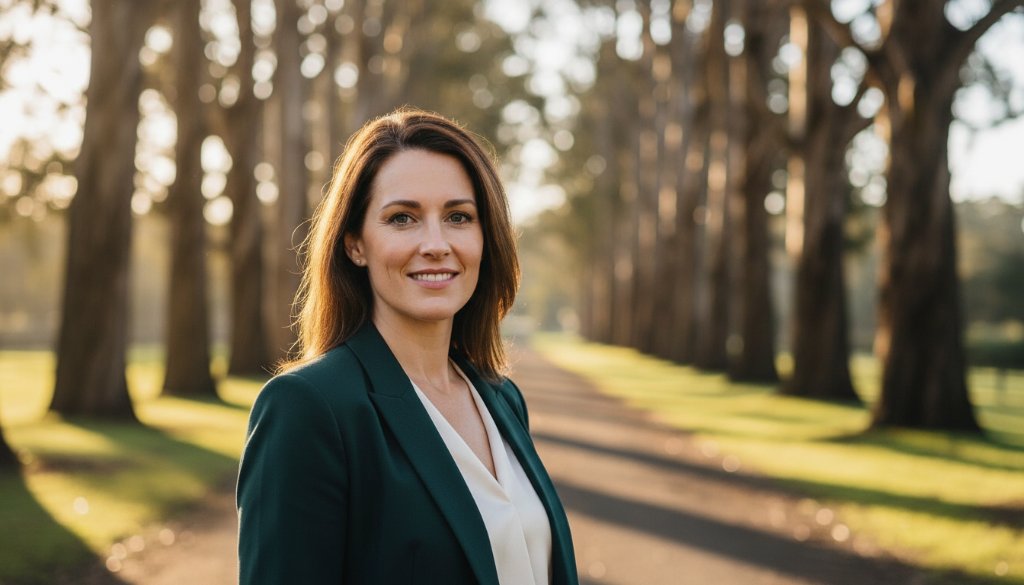 A confident professional in Woodend is captured in an 'epic moment' headshot, radiating approachability and expertise, ideal for Woodend professional headshots for career growth, with the stunning natural light of the Macedon Ranges softly illuminating their face.
