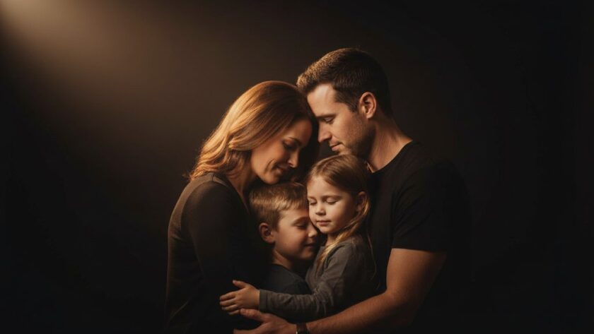A heartwarming and dramatically lit Woodend studio photography for timeless family portraits, showing a family embracing, bathed in soft golden light, evoking a sense of enduring love and connection.