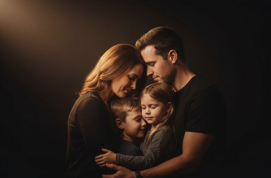 A heartwarming and dramatically lit Woodend studio photography for timeless family portraits, showing a family embracing, bathed in soft golden light, evoking a sense of enduring love and connection.
