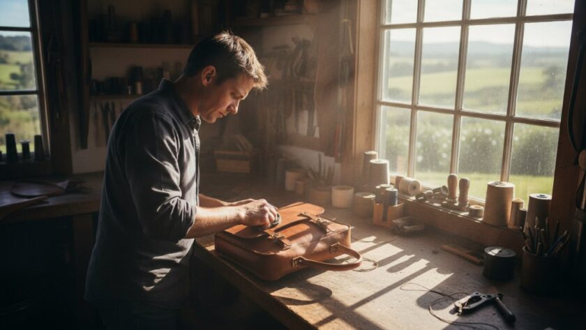 A dynamic, high-angle shot showcasing Woodend Victoria artisanal product advertising photography in action, featuring a master artisan meticulously crafting a bespoke leather wallet on a rustic workbench, bathed in warm, dramatic natural light from a window overlooking Macedon Ranges, capturing the essence of their craftsmanship for an advertisement.