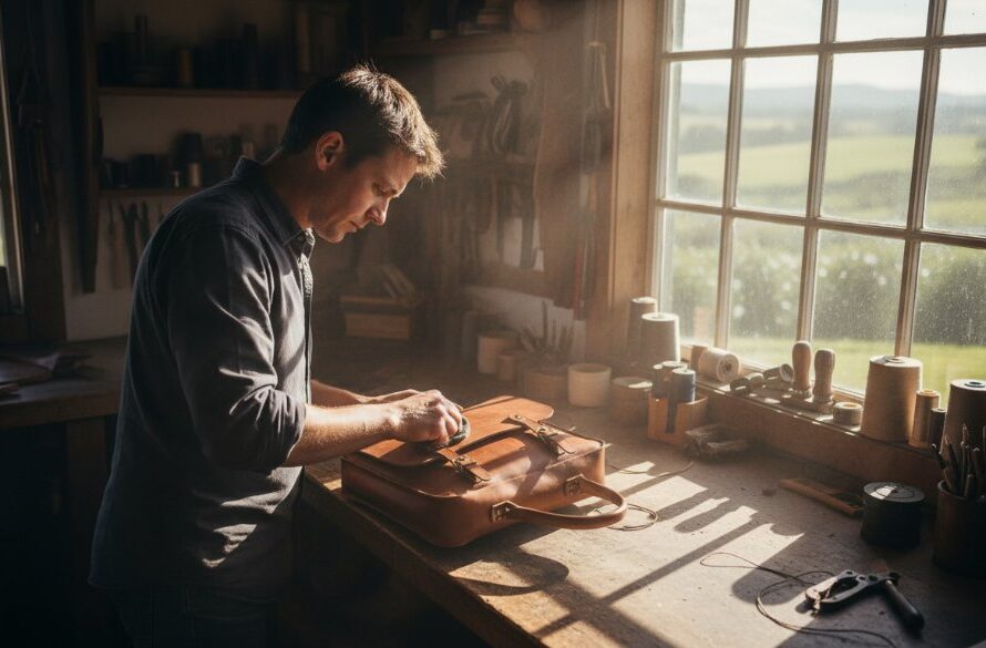 A dynamic, high-angle shot showcasing Woodend Victoria artisanal product advertising photography in action, featuring a master artisan meticulously crafting a bespoke leather wallet on a rustic workbench, bathed in warm, dramatic natural light from a window overlooking Macedon Ranges, capturing the essence of their craftsmanship for an advertisement.