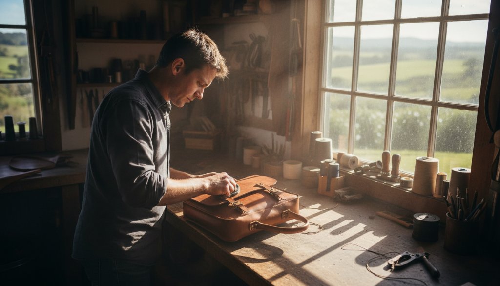 A dynamic, high-angle shot showcasing Woodend Victoria artisanal product advertising photography in action, featuring a master artisan meticulously crafting a bespoke leather wallet on a rustic workbench, bathed in warm, dramatic natural light from a window overlooking Macedon Ranges, capturing the essence of their craftsmanship for an advertisement.