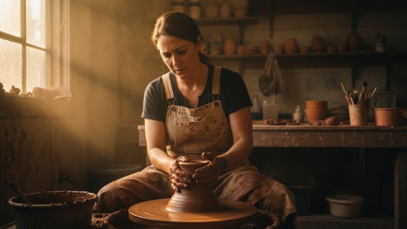Woodend Victoria branding photography for local artisans captures a potter focused intensely on their craft, hands covered in clay, dramatic natural light illuminating their serene expression in a rustic Woodend studio, showcasing dedication and artistry.