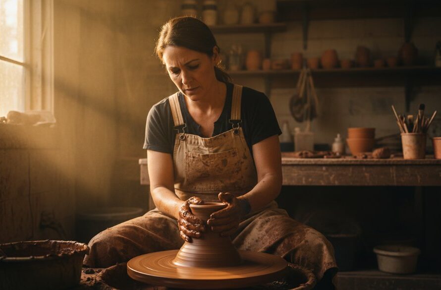 Woodend Victoria branding photography for local artisans captures a potter focused intensely on their craft, hands covered in clay, dramatic natural light illuminating their serene expression in a rustic Woodend studio, showcasing dedication and artistry.