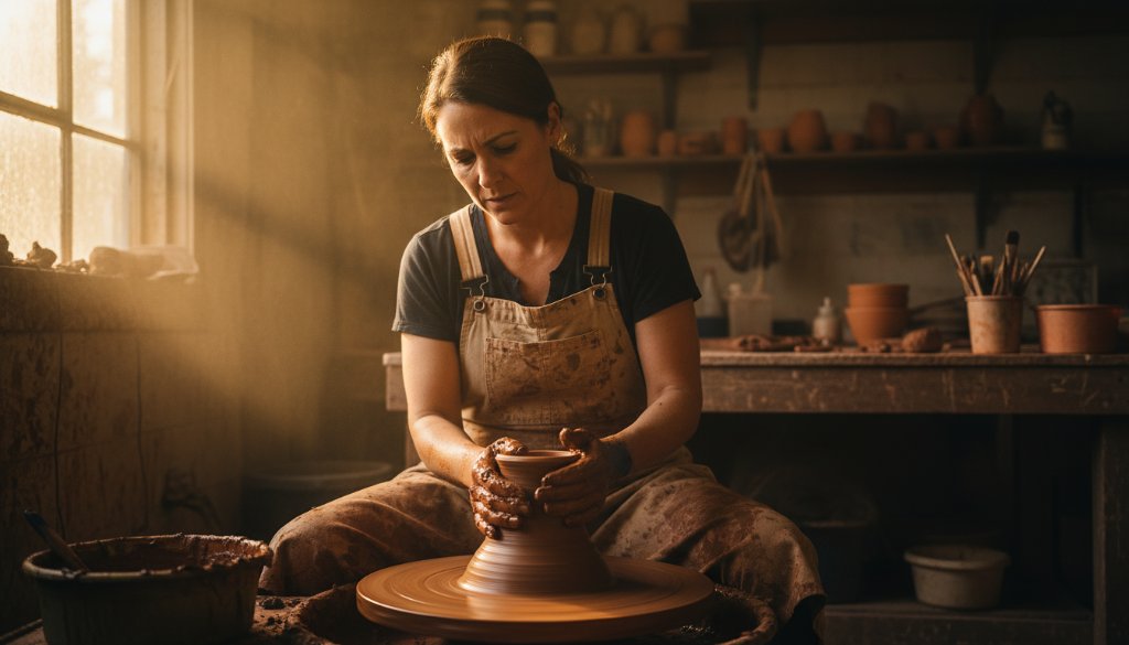 Woodend Victoria branding photography for local artisans captures a potter focused intensely on their craft, hands covered in clay, dramatic natural light illuminating their serene expression in a rustic Woodend studio, showcasing dedication and artistry.