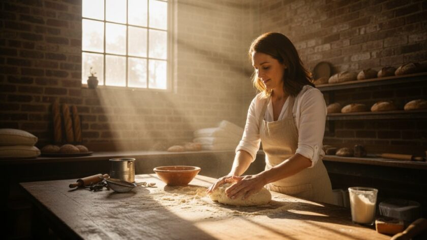 Dynamic image showcasing Woodend Victoria commercial photography for local businesses, featuring a skilled artisan passionately at work in a rustic workshop bathed in dramatic golden hour light, capturing the essence of their craft with professional elegance.