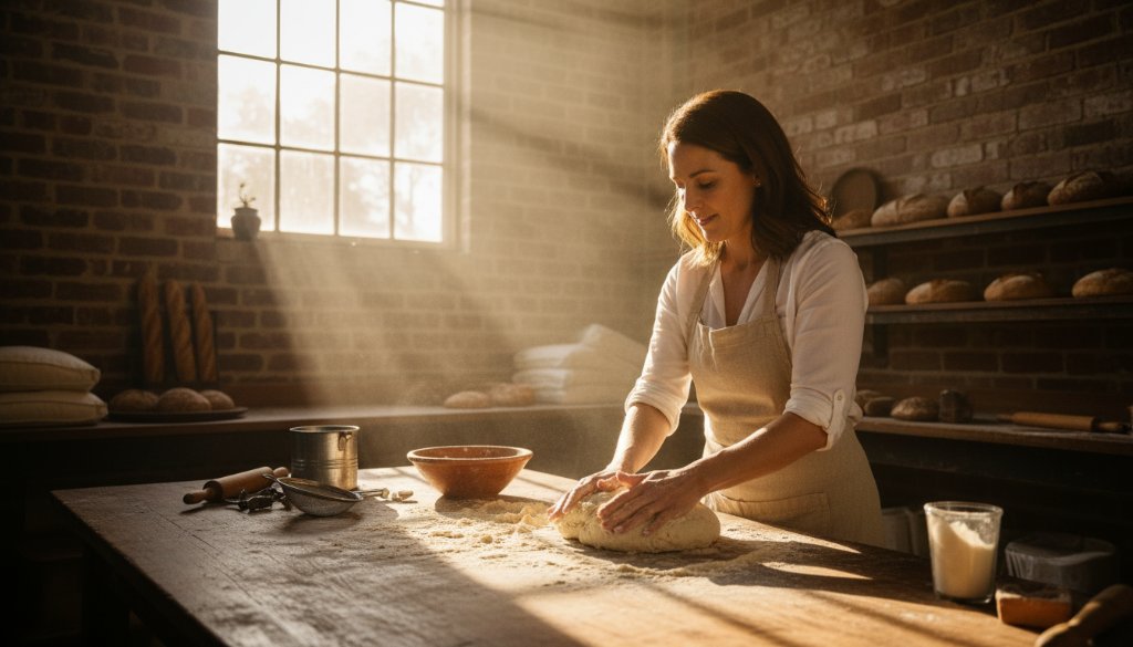 Dynamic image showcasing Woodend Victoria commercial photography for local businesses, featuring a skilled artisan passionately at work in a rustic workshop bathed in dramatic golden hour light, capturing the essence of their craft with professional elegance.