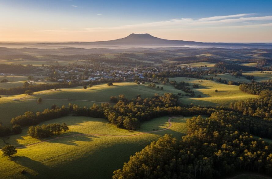 An expansive aerial shot of Woodend, Victoria, captured by drone photography, showcasing the stunning rolling hills, dense forests, and historic architecture under a dramatic sunrise, highlighting its scenic beauty. Woodend Victoria drone photography scenic views.