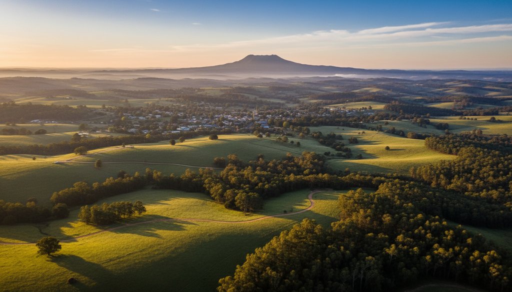 An expansive aerial shot of Woodend, Victoria, captured by drone photography, showcasing the stunning rolling hills, dense forests, and historic architecture under a dramatic sunrise, highlighting its scenic beauty. Woodend Victoria drone photography scenic views.