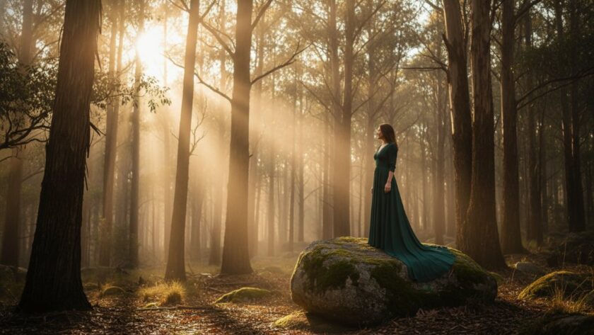 A breathtaking Woodend Victoria fine art photography timeless portrait of a person standing majestically amidst the golden hour glow of a misty forest near Mount Macedon, light streaming through the trees, evoking a sense of ethereal beauty and profound connection to nature.