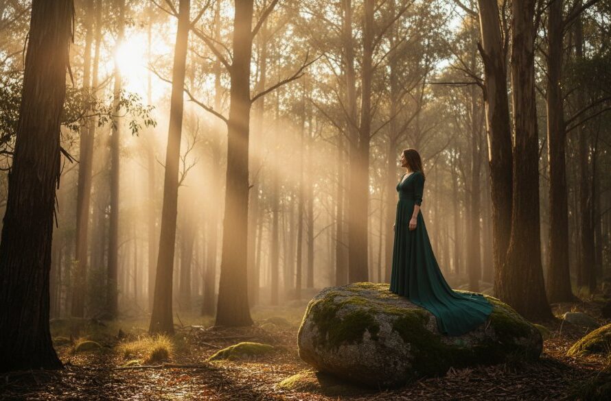 A breathtaking Woodend Victoria fine art photography timeless portrait of a person standing majestically amidst the golden hour glow of a misty forest near Mount Macedon, light streaming through the trees, evoking a sense of ethereal beauty and profound connection to nature.