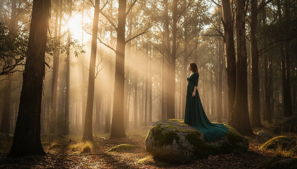 A breathtaking Woodend Victoria fine art photography timeless portrait of a person standing majestically amidst the golden hour glow of a misty forest near Mount Macedon, light streaming through the trees, evoking a sense of ethereal beauty and profound connection to nature.