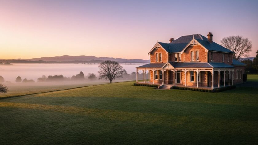 A stunning, wide-angle "epic moment" aerial photograph showcasing a grand, renovated Victorian-era home in Woodend, Victoria, at dawn, bathed in golden light, with misty Dandenong Ranges in the background. This image exemplifies Woodend Victoria premium real estate photography, highlighting architectural elegance and natural beauty.