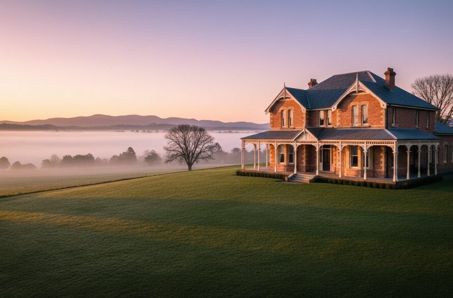 A stunning, wide-angle "epic moment" aerial photograph showcasing a grand, renovated Victorian-era home in Woodend, Victoria, at dawn, bathed in golden light, with misty Dandenong Ranges in the background. This image exemplifies Woodend Victoria premium real estate photography, highlighting architectural elegance and natural beauty.