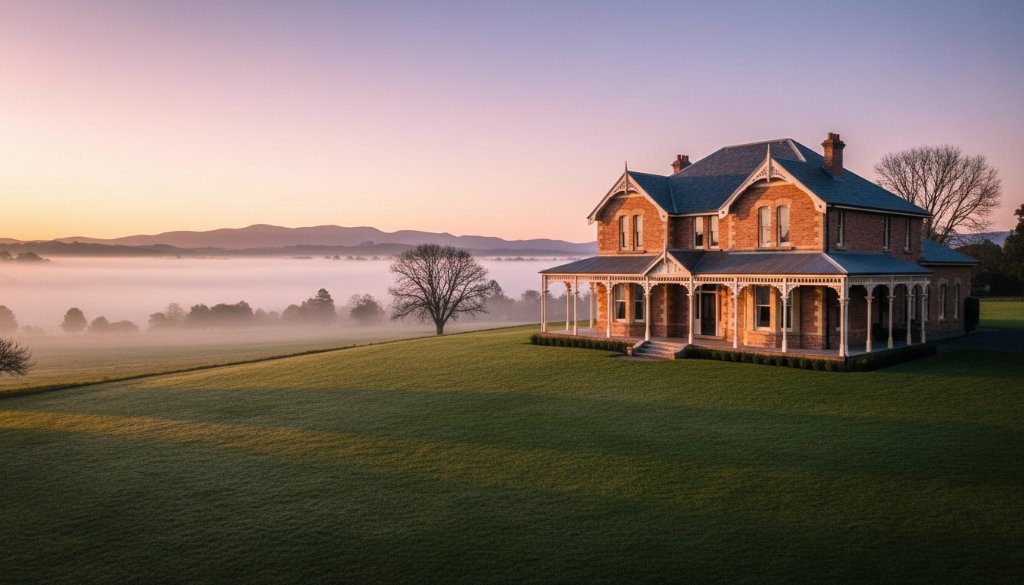 A stunning, wide-angle "epic moment" aerial photograph showcasing a grand, renovated Victorian-era home in Woodend, Victoria, at dawn, bathed in golden light, with misty Dandenong Ranges in the background. This image exemplifies Woodend Victoria premium real estate photography, highlighting architectural elegance and natural beauty.