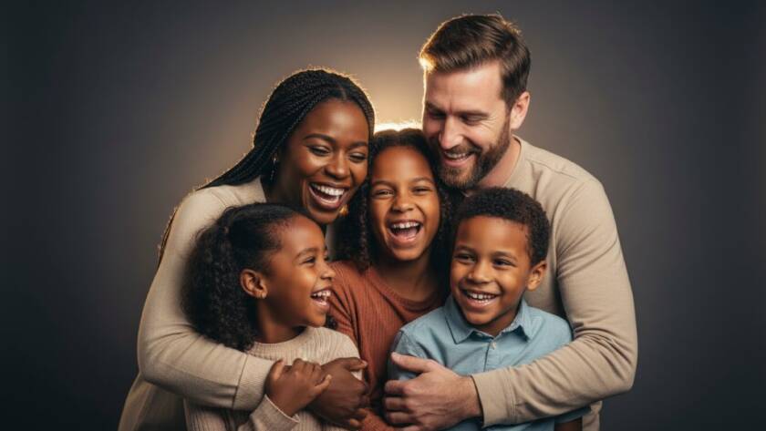 An emotionally resonant, professional studio photograph of a Wyndham Vale family laughing joyously, captured through Wyndham Vale bespoke studio photography for cherished family portraits, with dramatic backlighting highlighting their connection.