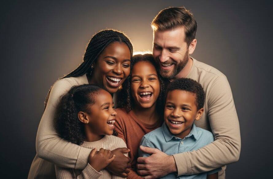 An emotionally resonant, professional studio photograph of a Wyndham Vale family laughing joyously, captured through Wyndham Vale bespoke studio photography for cherished family portraits, with dramatic backlighting highlighting their connection.