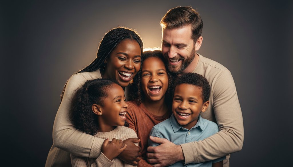 An emotionally resonant, professional studio photograph of a Wyndham Vale family laughing joyously, captured through Wyndham Vale bespoke studio photography for cherished family portraits, with dramatic backlighting highlighting their connection.
