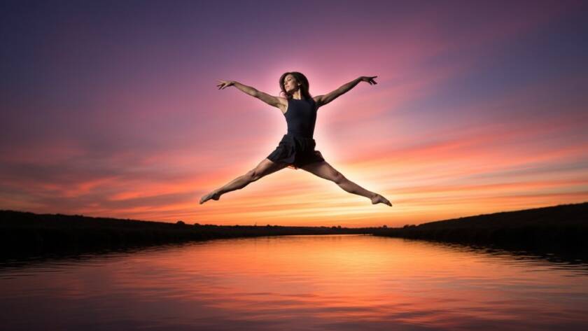 Dynamic Wyndham Vale dance photography capturing artistic movement: A dancer mid-leap, silhouetted against a dramatic sunset over Werribee River, showcasing incredible grace and power in an epic, professionally color-graded shot.