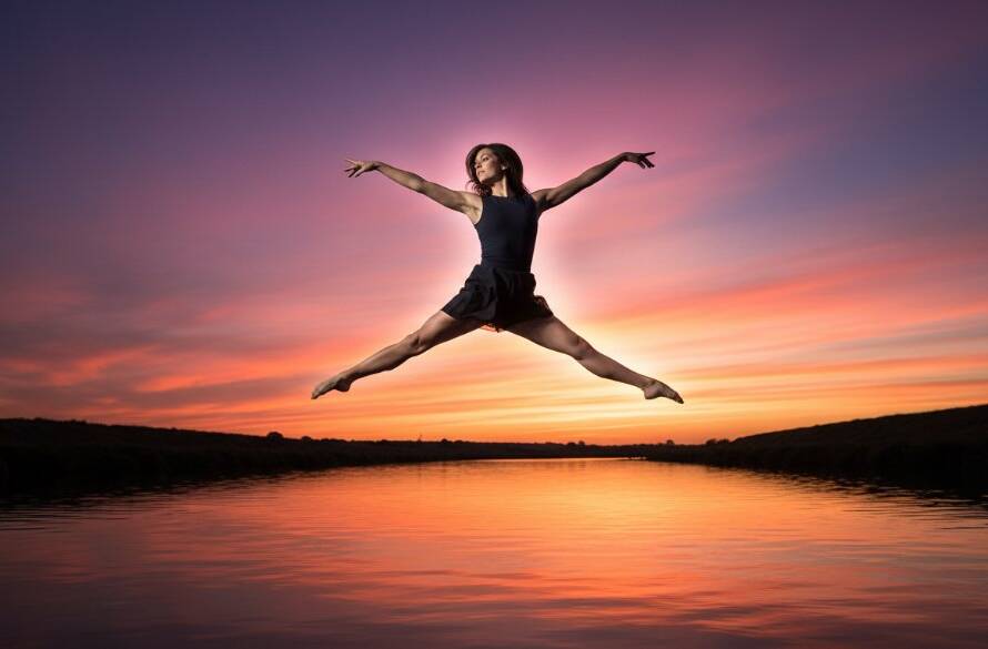 Dynamic Wyndham Vale dance photography capturing artistic movement: A dancer mid-leap, silhouetted against a dramatic sunset over Werribee River, showcasing incredible grace and power in an epic, professionally color-graded shot.