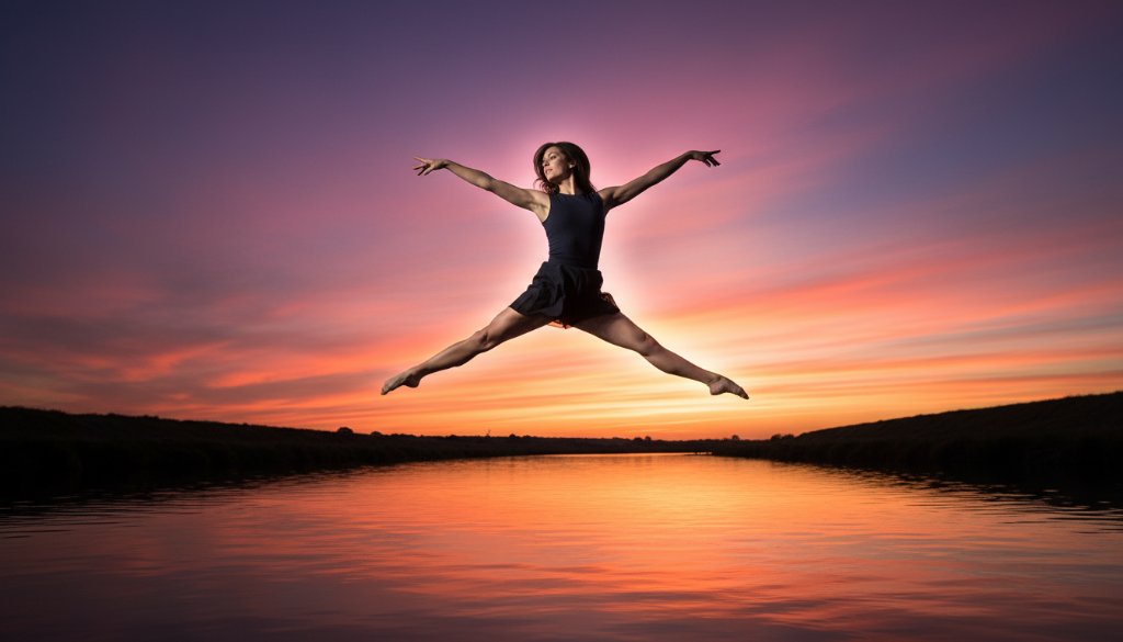 Dynamic Wyndham Vale dance photography capturing artistic movement: A dancer mid-leap, silhouetted against a dramatic sunset over Werribee River, showcasing incredible grace and power in an epic, professionally color-graded shot.