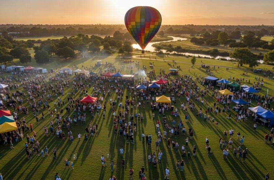 Epic drone photograph showcasing Wyndham Vale drone photography for breathtaking aerial views of a family picnic in a lush community park at sunset, with golden light illuminating the scene and a vast, dramatic sky overhead.