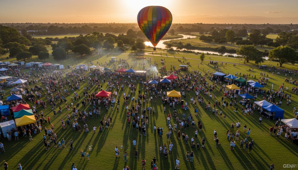 Epic drone photograph showcasing Wyndham Vale drone photography for breathtaking aerial views of a family picnic in a lush community park at sunset, with golden light illuminating the scene and a vast, dramatic sky overhead.