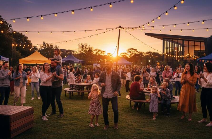 A breathtaking wide shot of an outdoor community festival in Wyndham Vale, with diverse families laughing and dancing under string lights at dusk, showcasing expert Wyndham Vale event photography capturing genuine moments with dramatic backlighting and vibrant colours.