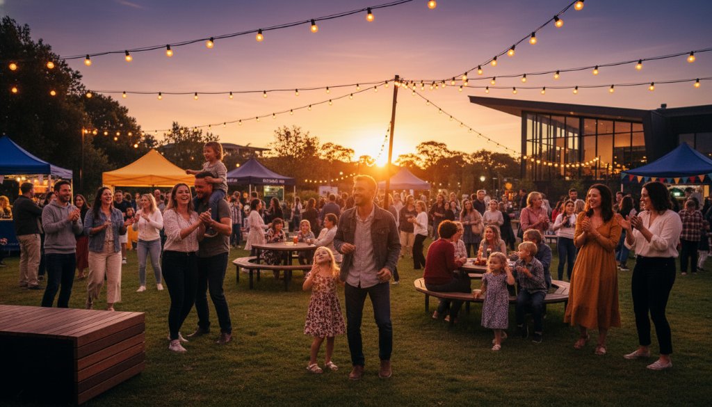 A breathtaking wide shot of an outdoor community festival in Wyndham Vale, with diverse families laughing and dancing under string lights at dusk, showcasing expert Wyndham Vale event photography capturing genuine moments with dramatic backlighting and vibrant colours.