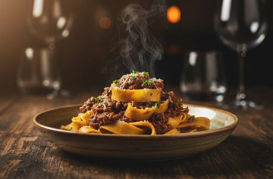 A dramatic, perfectly composed close-up shot of a steaming, exquisitely plated artisanal pasta dish on a rustic wooden table in a sunlit Wyndham Vale cafe, showcasing professional Wyndham Vale gourmet food photography services.