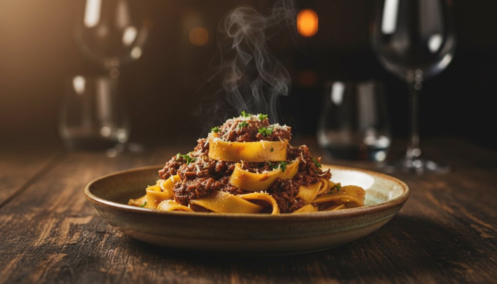 A dramatic, perfectly composed close-up shot of a steaming, exquisitely plated artisanal pasta dish on a rustic wooden table in a sunlit Wyndham Vale cafe, showcasing professional Wyndham Vale gourmet food photography services.
