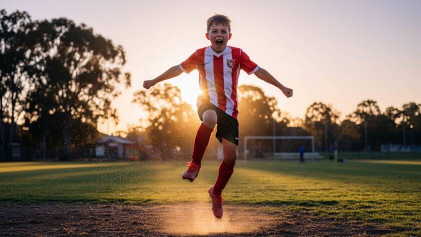 An emotionally charged, professional photograph of a young athlete, mid-action, triumphantly celebrating a winning goal in a soccer match at Wyndham Vale, captured with dramatic lighting and vibrant colour grading, showcasing Wyndham Vale junior sports photography capturing epic moments.