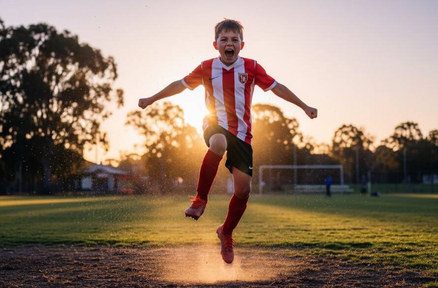 An emotionally charged, professional photograph of a young athlete, mid-action, triumphantly celebrating a winning goal in a soccer match at Wyndham Vale, captured with dramatic lighting and vibrant colour grading, showcasing Wyndham Vale junior sports photography capturing epic moments.