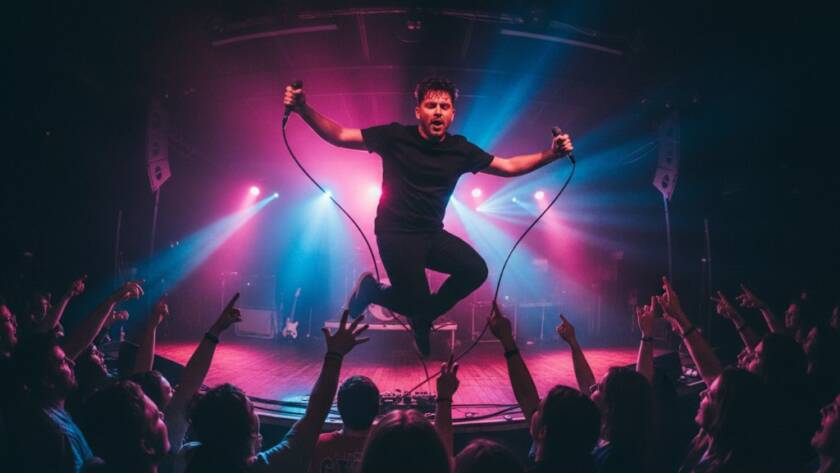 An electrifying wide-angle shot capturing a lead guitarist mid-solo on stage at a local Wyndham Vale music venue, bathed in dramatic red and blue stage lights, with the crowd's hands raised in excitement, embodying Wyndham Vale live music event photography.