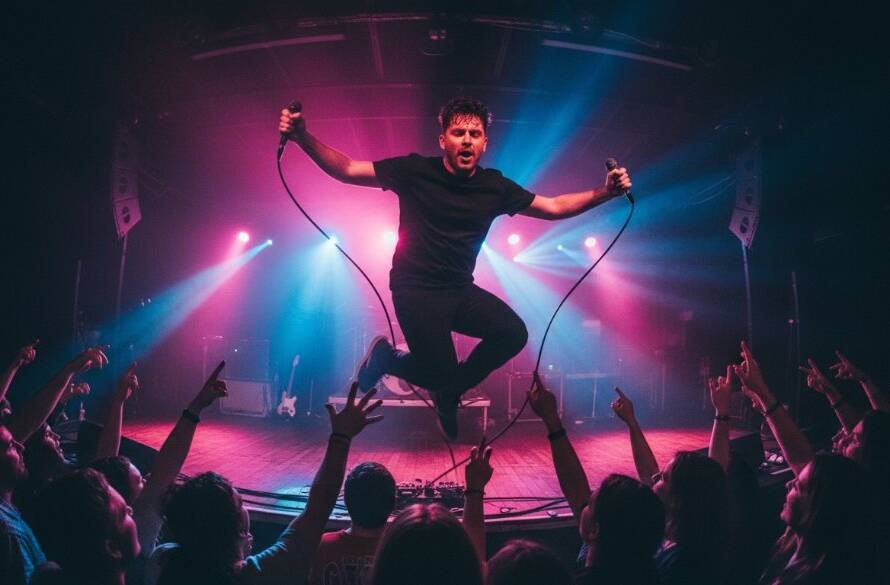An electrifying wide-angle shot capturing a lead guitarist mid-solo on stage at a local Wyndham Vale music venue, bathed in dramatic red and blue stage lights, with the crowd's hands raised in excitement, embodying Wyndham Vale live music event photography.