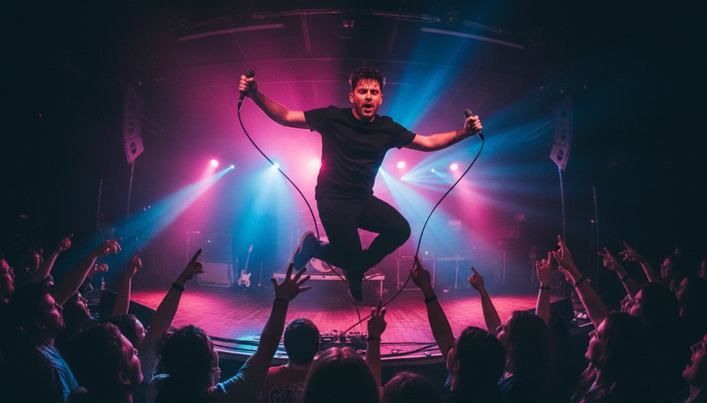 An electrifying wide-angle shot capturing a lead guitarist mid-solo on stage at a local Wyndham Vale music venue, bathed in dramatic red and blue stage lights, with the crowd's hands raised in excitement, embodying Wyndham Vale live music event photography.