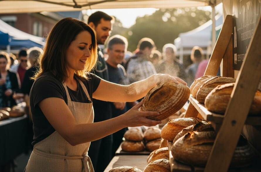 Dynamic Wyndham Vale local stories editorial photography capturing a passionate local baker placing a freshly baked artisan loaf at a bustling community market stall, bathed in dramatic golden hour sunlight, highlighting dedication and community spirit.