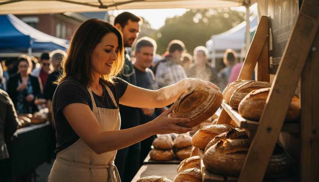 Dynamic Wyndham Vale local stories editorial photography capturing a passionate local baker placing a freshly baked artisan loaf at a bustling community market stall, bathed in dramatic golden hour sunlight, highlighting dedication and community spirit.