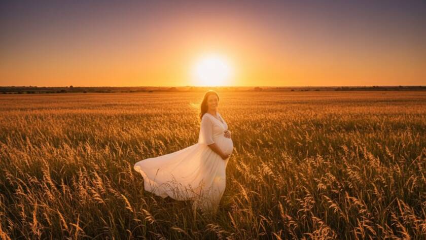 A stunning Wyndham Vale Maternity Photography Golden Hour Session portrait featuring a radiant pregnant woman silhouetted against a golden sunset over a scenic Wyndham Vale landscape, capturing an epic moment of glowing expectancy.