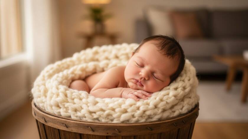 An intimate, professionally color-graded photograph capturing the delicate sleep of a newborn baby swaddled in soft fabric, held gently in a parent's arms, bathed in warm, soft window light, showcasing the artistry of Wyndham Vale newborn photography, a truly epic moment of new life.