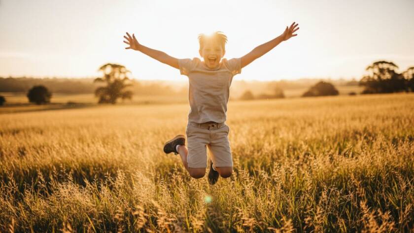 A Wyndham Vale playful kids photography outdoor adventure scene, featuring a young child mid-jump, laughing joyfully amidst tall golden grass at sunset, bathed in dramatic golden hour light.