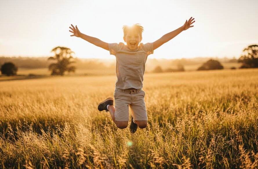 A Wyndham Vale playful kids photography outdoor adventure scene, featuring a young child mid-jump, laughing joyfully amidst tall golden grass at sunset, bathed in dramatic golden hour light.