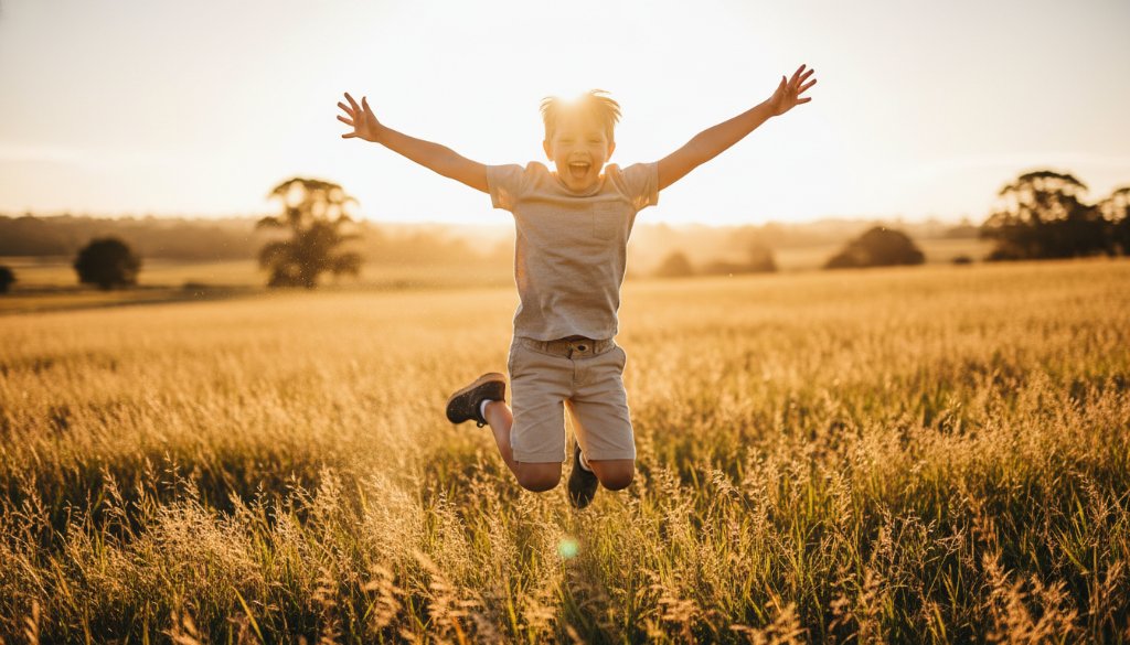 A Wyndham Vale playful kids photography outdoor adventure scene, featuring a young child mid-jump, laughing joyfully amidst tall golden grass at sunset, bathed in dramatic golden hour light.