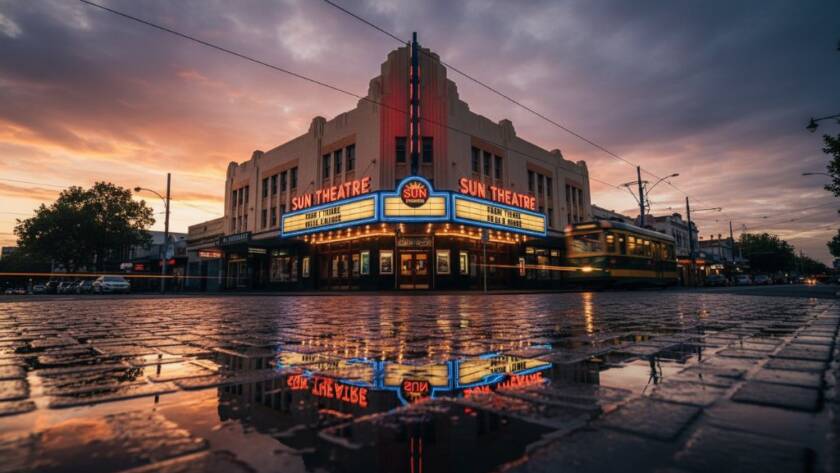 A dramatic, low-angle shot of a grand Art Deco cinema in Yarraville, bathed in golden hour light, showcasing the intricate details of its facade. This Yarraville Art Deco Photography Capturing Melbourne's Iconic Architecture highlights the elegance of its geometric design under a vibrant sunset sky, with a subtle reflection in a wet street.