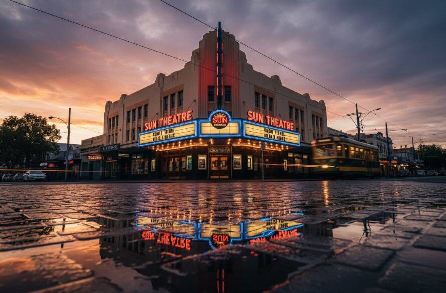 A dramatic, low-angle shot of a grand Art Deco cinema in Yarraville, bathed in golden hour light, showcasing the intricate details of its facade. This Yarraville Art Deco Photography Capturing Melbourne's Iconic Architecture highlights the elegance of its geometric design under a vibrant sunset sky, with a subtle reflection in a wet street.