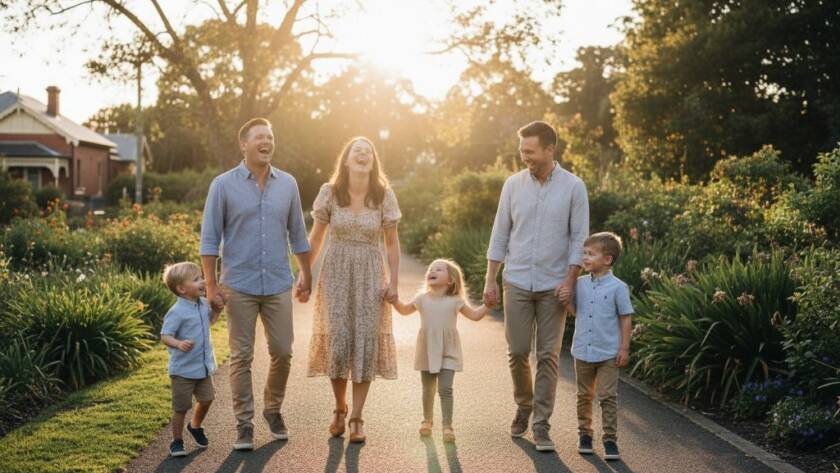 A heartwarming, candid photograph capturing authentic moments of a young family laughing joyfully as they walk hand-in-hand through Yarraville Gardens at sunset, soft golden hour light illuminating their faces, embodying the essence of Yarraville candid photography authentic moments.