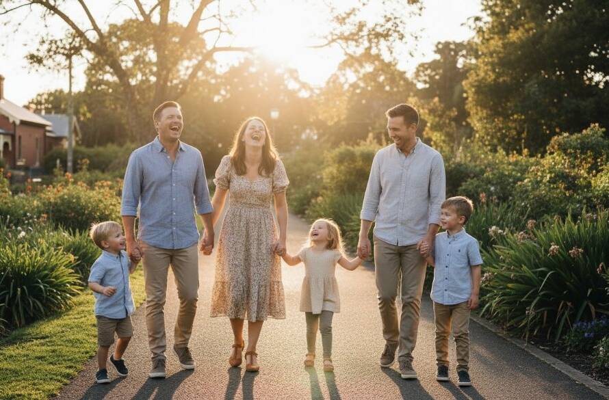 A heartwarming, candid photograph capturing authentic moments of a young family laughing joyfully as they walk hand-in-hand through Yarraville Gardens at sunset, soft golden hour light illuminating their faces, embodying the essence of Yarraville candid photography authentic moments.