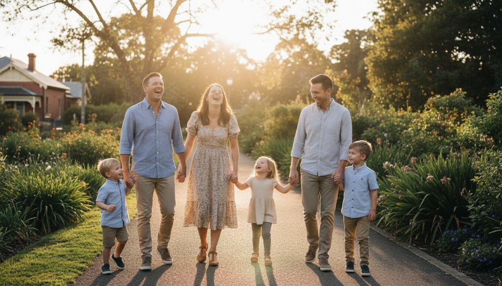A heartwarming, candid photograph capturing authentic moments of a young family laughing joyfully as they walk hand-in-hand through Yarraville Gardens at sunset, soft golden hour light illuminating their faces, embodying the essence of Yarraville candid photography authentic moments.