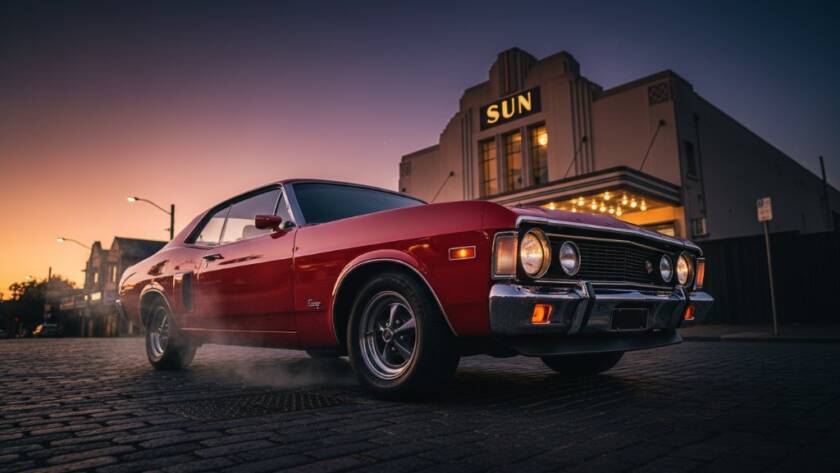 An epic moment captured in Yarraville classic car photography Melbourne charm, featuring a gleaming vintage muscle car parked dramatically under the glowing art deco lights of the Sun Theatre, with a professional and cinematic feel.
