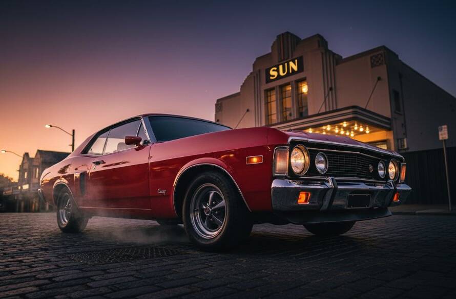 An epic moment captured in Yarraville classic car photography Melbourne charm, featuring a gleaming vintage muscle car parked dramatically under the glowing art deco lights of the Sun Theatre, with a professional and cinematic feel.